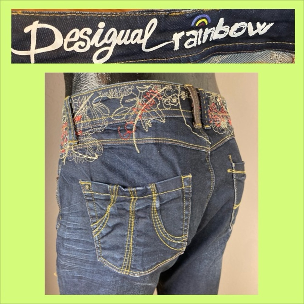 Y2K Desigual Stretch Blue Jeans with Colorful Embroidery